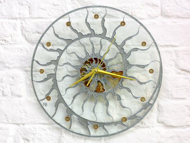 Handmade Glass Wall Clock - Sunburst Fossil Design, Modern Loft & Office Decor - image 1
