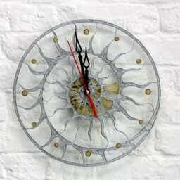 Handmade Glass Wall Clock - Sunburst Fossil Design, Modern Loft & Office Decor - thumbnail 2