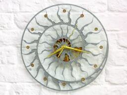 Handmade Glass Wall Clock - Sunburst Fossil Design, Modern Loft & Office Decor - thumbnail 1