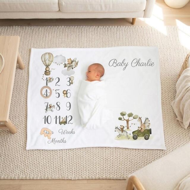 Personalised Safari Milestone Blanket, Custom Nursery Cushion, Door Sign - image 1