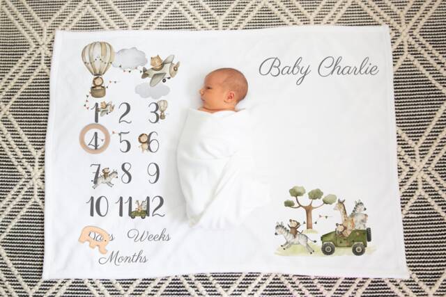 Personalised Jungle Baby Milestone Blanket Soft Flannel Nursery Decor - image 1