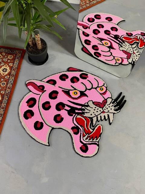 Pink Panther Tufted Rug, Area Living Room Floor Mat, Personalized Bedroom Tibetian Tiger Rug - image 1