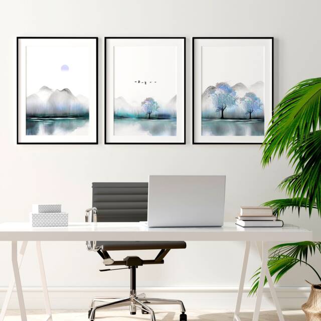 Calming Japanese Office Desk Decor For Men Set Of 3 Framed Panel Wall Art, Blue Large Japandi Designer Landscape Gallery Art - image 1