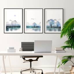 Calming Japanese Office Desk Decor For Men Set Of 3 Framed Panel Wall Art, Blue Large Japandi Designer Landscape Gallery Art - thumbnail 1
