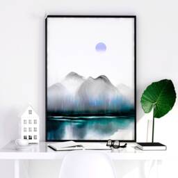 Calming Japanese Office Desk Decor For Men Set Of 3 Framed Panel Wall Art, Blue Large Japandi Designer Landscape Gallery Art - thumbnail 2