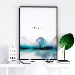 Calming Japanese Office Desk Decor For Men Set Of 3 Framed Panel Wall Art, Blue Large Japandi Designer Landscape Gallery Art - thumbnail 3