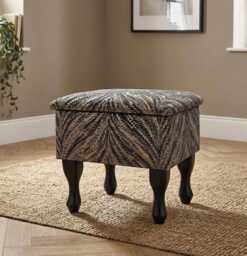 Small Storage Dressing Table Stool, Luxor Lava Charcoal Fabric, Handmade Traditional Design - thumbnail 1