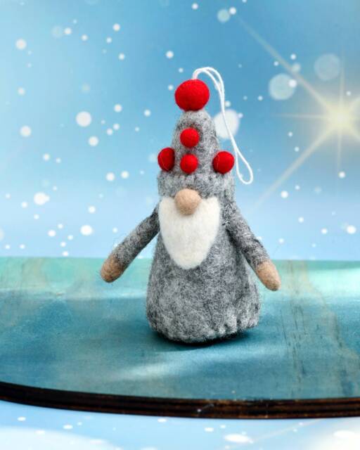 Felt Grey Gnome Ornament, Christmas Ornament Hanging, Fair Trade Ornaments - image 1