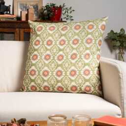 Mandala Motif Linen Print Extra-Large Cushion Cover in Green. Linen-Blend Indian Block-Print Design Sage, Burnt Orange & Ivory. 23X23