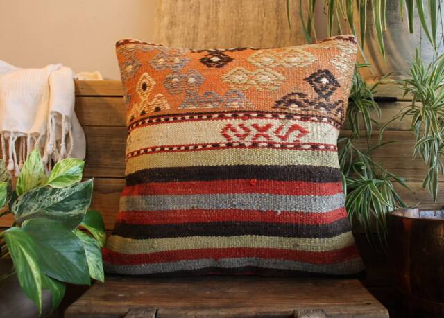 40cm - 16Inch Boho Kilim Cushion Cover Handwoven - Softer Pale Orange Tones - image 1