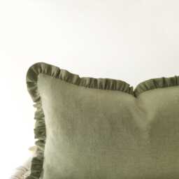 Khaki Green Linen Pillow Cover With Ruffled Edges - Earth-Tone Frilled Cushion - thumbnail 2