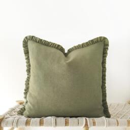 Khaki Green Linen Pillow Cover With Ruffled Edges - Earth-Tone Frilled Cushion - thumbnail 1