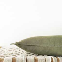 Khaki Green Linen Pillow Cover With Ruffled Edges - Earth-Tone Frilled Cushion - thumbnail 3
