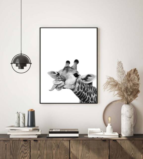 Giraffe Tongue Out Funny Black & White Wall Art, Print Home Decor Poster, Modern, Animal Photography, Kitchen Print, Hallway - image 1