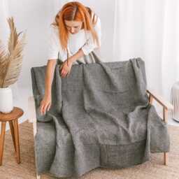 Natural Linen Black Waffle Sofa Cover in Beige. Couch Throw Blanket For New Home, Farmhouse. Minimalist Blanket, Bedspread. Neutral Colors - thumbnail 2