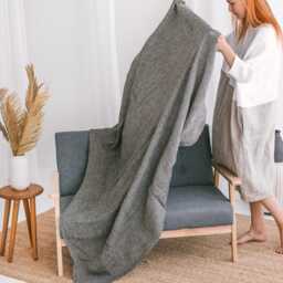 Natural Linen Black Waffle Sofa Cover in Beige. Couch Throw Blanket For New Home, Farmhouse. Minimalist Blanket, Bedspread. Neutral Colors - thumbnail 3