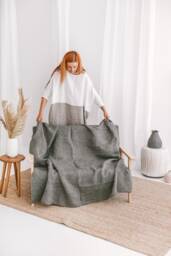 Natural Linen Black Waffle Sofa Cover in Beige. Couch Throw Blanket For New Home, Farmhouse. Minimalist Blanket, Bedspread. Neutral Colors