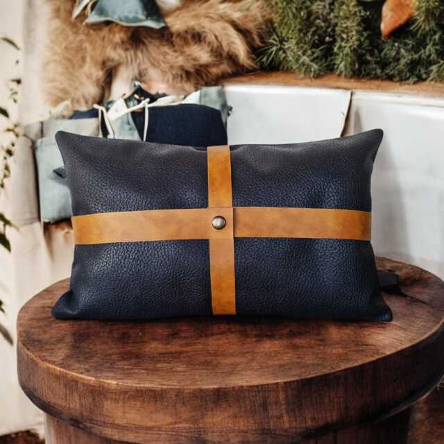 Black Faux Leather Pillow Cover With Camel Straps - image 1