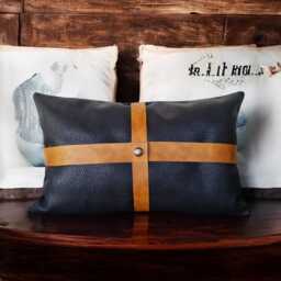 Black Faux Leather Pillow Cover With Camel Straps - thumbnail 2