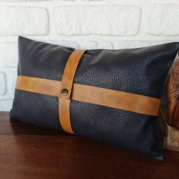 Black Faux Leather Pillow Cover With Camel Straps - thumbnail 3