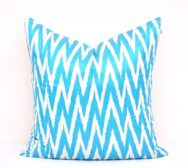 Blue Chevron Ikat Pillow Cover, Handloom Silk & Cotton, 20x20 - image 1