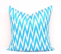 Blue Chevron Ikat Pillow Cover, Handloom Silk & Cotton, 20x20 - thumbnail 1