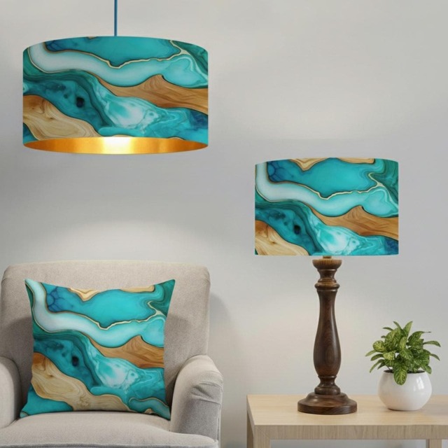 Handmade By Order Luxury Resin Wooden Teal Turquoise Blue Marble Pattern Drum Lamp Shade Pendant Light All Shapes & Sizes Avail - image 1