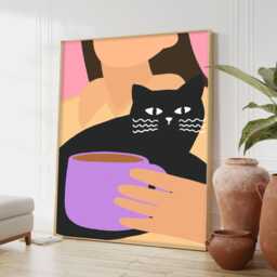 Purple Cat Art Print Colorful Feline Kitchen Wall Decor - thumbnail 1