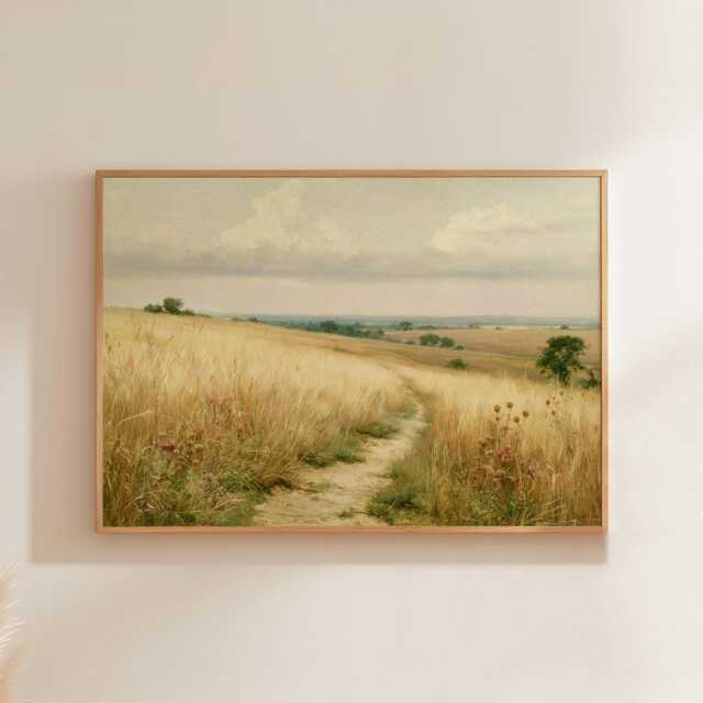 Golden Meadow Path Poster, Country Landscape Print, Paper Wall Art - image 1