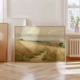 Golden Meadow Path Poster, Country Landscape Print, Paper Wall Art - thumbnail 3