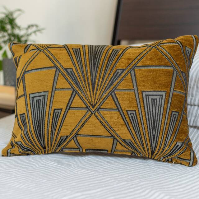 Art Deco Boudoir Cushion. Geometric Gold & Silver. Luxury Velvet Chenille. 17x12