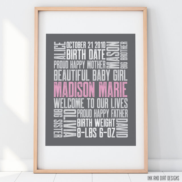 Third Baby Birth Announcement Print Custom Letterpress Style - 8x10 - image 1