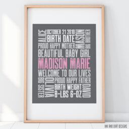 Third Baby Birth Announcement Print Custom Letterpress Style - 8x10 - thumbnail 1