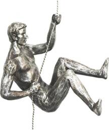 Large Antique-Silver Colour Climbing Abseiling Man Left Arm Up Hanging On Wire Ornament Figure Climber Wall Statue Rock - thumbnail 1