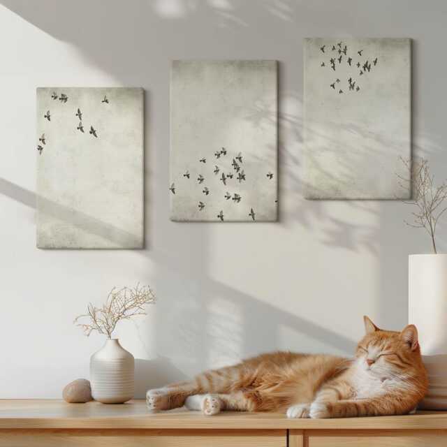 Canvas Art Set Of 3 - A Minimalist Painting Flying Birds, Beige Wall Art, Animals Decor - image 1