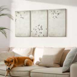 Canvas Art Set Of 3 - A Minimalist Painting Flying Birds, Beige Wall Art, Animals Decor - thumbnail 2