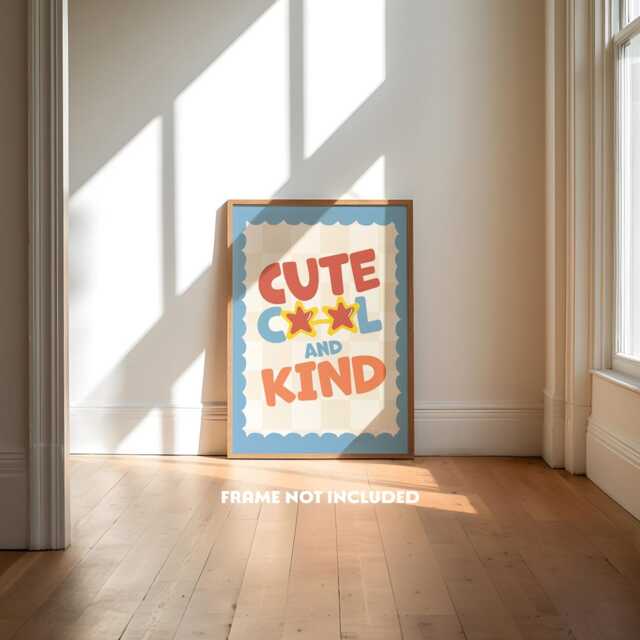 Cute Cool & Kind, Nursery Quote, Boys Print, Blue Decor, Toddler Wall Playroom Art, Red Scallop - image 1