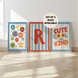 Cute Cool & Kind, Nursery Quote, Boys Print, Blue Decor, Toddler Wall Playroom Art, Red Scallop - thumbnail 3