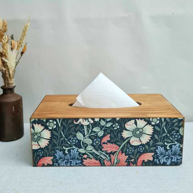 William Morris Tissue Box Cover, Compton Blue & Pink Floral Design, Country Farmhouse Decor - image 1