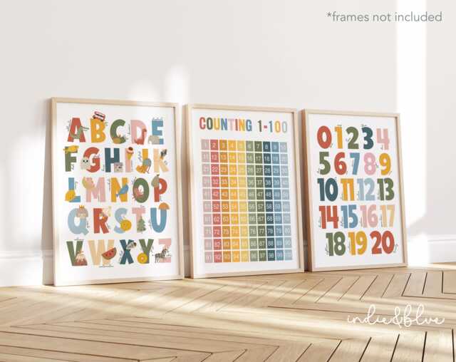 Set Of 3 Bright Educational Nursery Prints, Counting 1-100 Print, Alphabet & Numbers Chart, Neutral Playroom Prints - image 1
