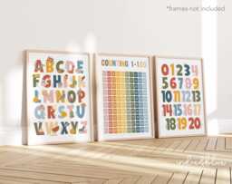 Set Of 3 Bright Educational Nursery Prints, Counting 1-100 Print, Alphabet & Numbers Chart, Neutral Playroom Prints - thumbnail 1