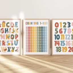 Set Of 3 Bright Educational Nursery Prints, Counting 1-100 Print, Alphabet & Numbers Chart, Neutral Playroom Prints - thumbnail 3