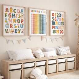 Set Of 3 Bright Educational Nursery Prints, Counting 1-100 Print, Alphabet & Numbers Chart, Neutral Playroom Prints - thumbnail 2
