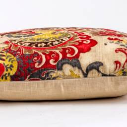 Red & Gold Floral Pillow Cover, Richloom Cotton Duck, Beige Linen Back - thumbnail 3