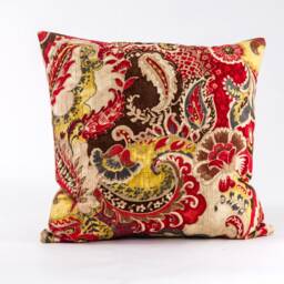 Red & Gold Floral Pillow Cover, Richloom Cotton Duck, Beige Linen Back - thumbnail 1