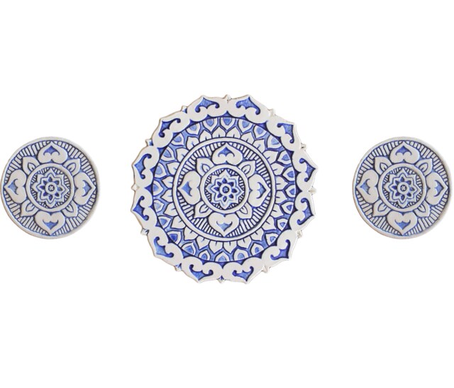 Hand-Painted Mandala Ceramic Tile Trio, Blue & White Wall Art - Set Of 3 - image 1