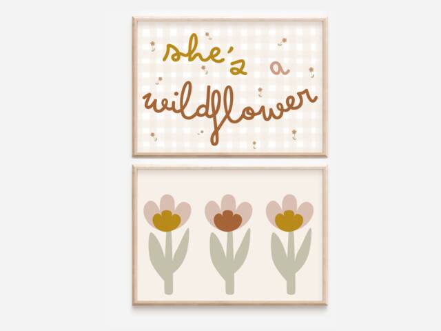 Set Of 2 Gingham & Wildflower Prints For Girls Bedroom, Nursery Or Playroom - Prints Only - image 1