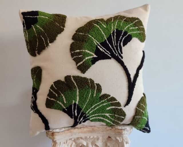Handmade Ginkgo Leaf Pillow Cover Punch Needle Embroidery Cushion - Ddp Usa - image 1