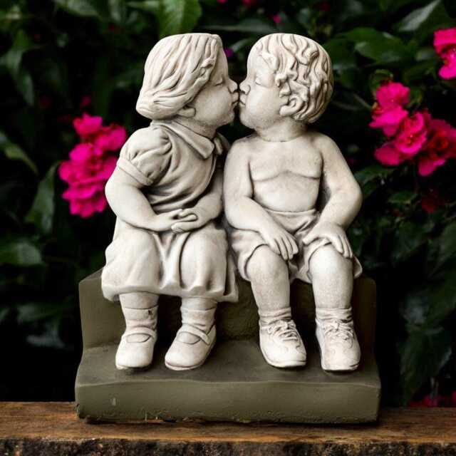 Boy & Girl Kissing On Bench Concrete Garden Statue Cement Children Sculpture Outdoor Romantic Ornament Stone Figurine Yard Decoration - image 1