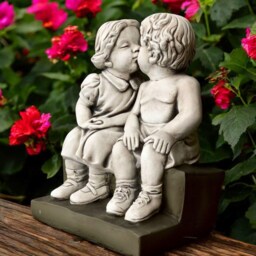 Boy & Girl Kissing On Bench Concrete Garden Statue Cement Children Sculpture Outdoor Romantic Ornament Stone Figurine Yard Decoration - thumbnail 3